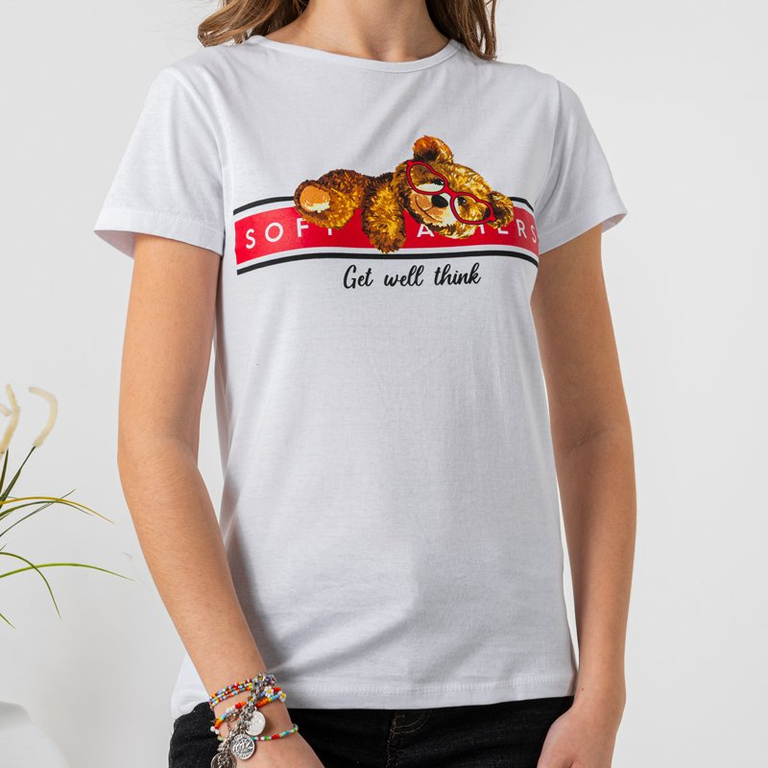 Women's white cotton t-shirt with a print - Clothing