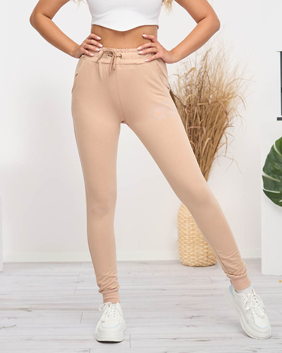 Women's beige sweatpants with cubic zirconia - Clothing