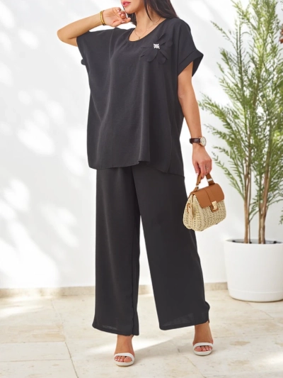 Royalfashion Women's set with short sleeves, decorative flower, and wide pants