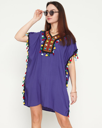 Women's blue summer beach tunic with fringes - Clothing