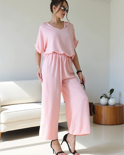 Royalfashion Sieviešu ikdienas komplekts ar īsu piedurkņu blūzi un platām biksēm