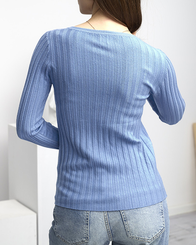 Women's Blue Ribbed Sweater - Clothing