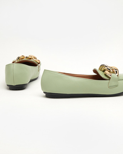 OUTLET Green eco-leather women's loafers with a chain Flamii - Shoes