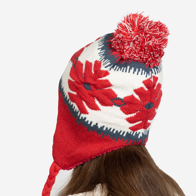 Sarkana sieviešu siltināta cepure ar sniegpārsliņām un bumbulīšiem - Aksesuāri