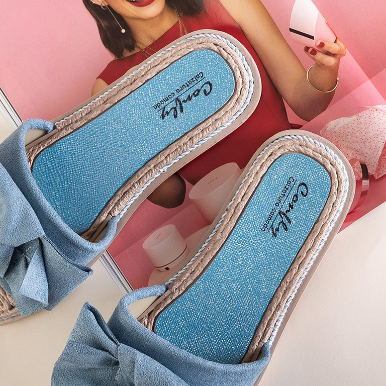 Blue women's slippers with a Foas bow - Footwear