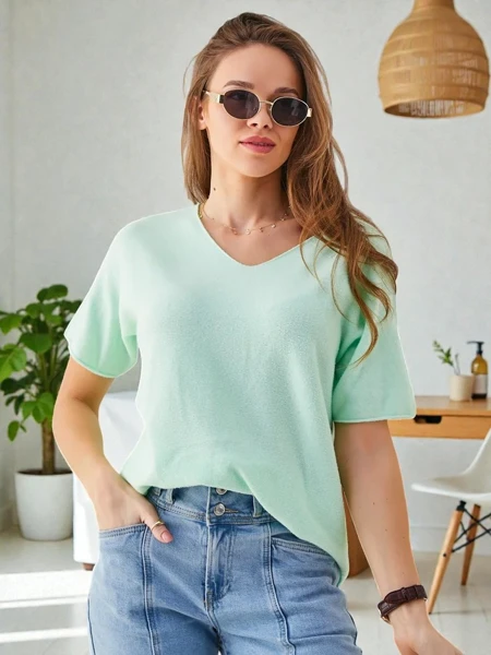 Royalfashion Plāns sieviešu džemperis ar īsām piedurknēm