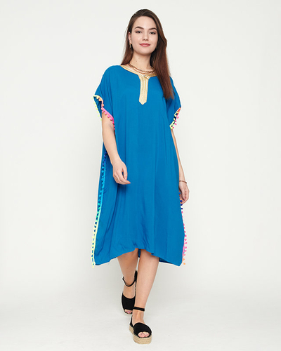 Women's blue summer beach tunic with pompoms - Clothing