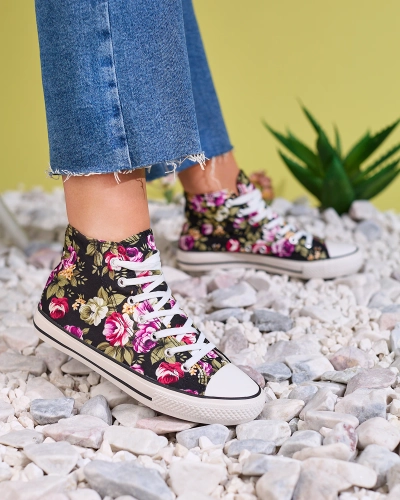 Royalfashion Sieviešu augstās melnās kedas ar ziedu rakstu Soxic