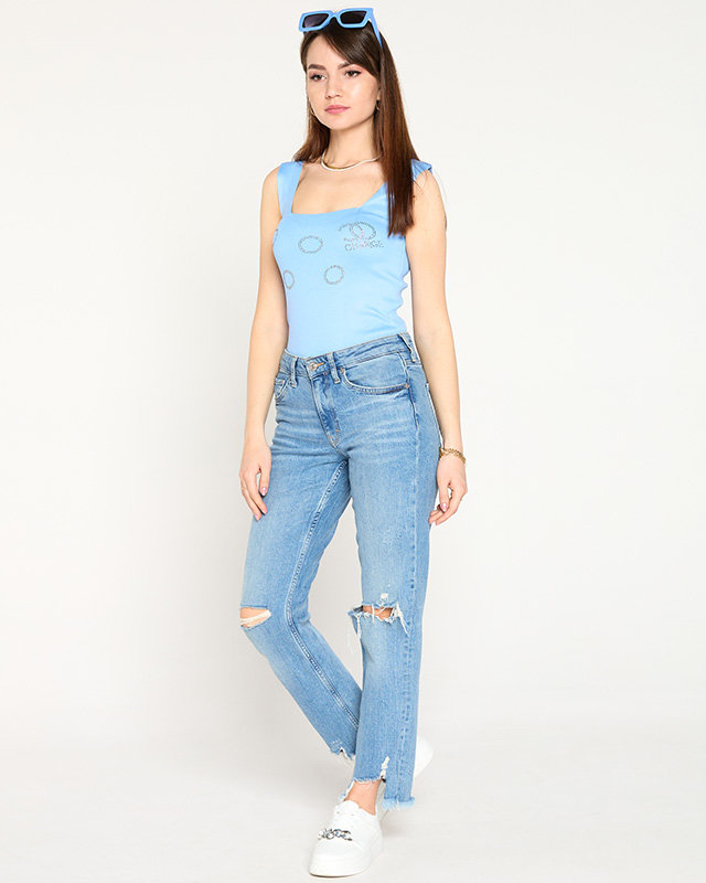 Ladies 'light blue top with golden cubic zirconia - Clothing