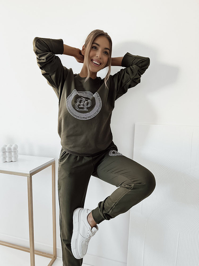 Royalfashion Dark green women's sweatshirt set with zircons