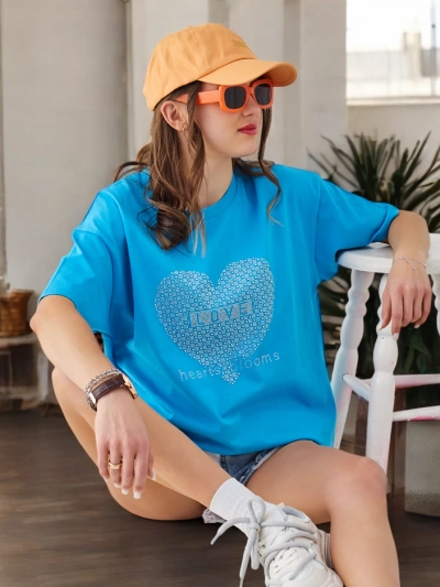 Royalfashion Sieviešu kokvilnas T-krekls LOVE ar pērļainiem akmeņiem