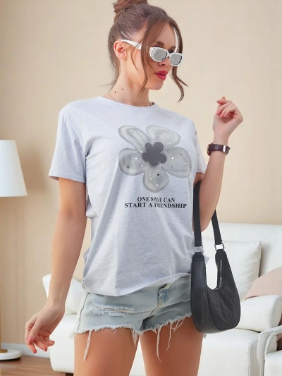 Royalfashion Sieviešu kokvilnas T-krekls ar ziedu