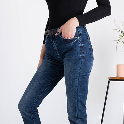 Navy blue women's denim jeans with belt - Clothing
