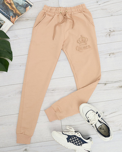 Women's beige sweatpants with cubic zirconia - Clothing