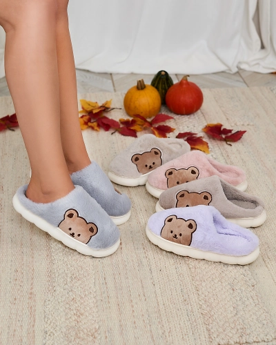 Royalfashion Women's furry slippers with teddy bear in blue Fetemes