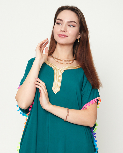 Dark green women's summer beach tunic with pompoms - Clothing