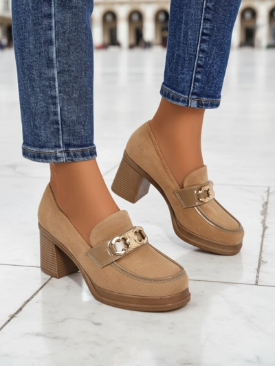 Women's Loafers Perseida - light brown suede block heel elegant