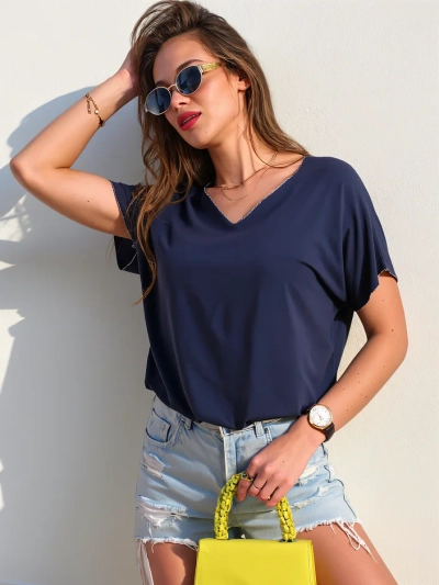 Блузка из вискозы Royalfashion для женщин с короткими рукавами и блестящей отделкой