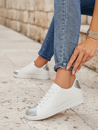 Royalfashion Calista women's stylish silver and white eco-leather sneakers
