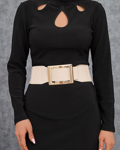 Beige ladies wide elastic belt with large buckle - Accessories