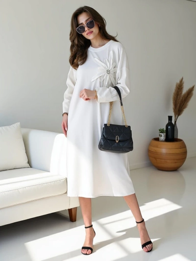 Royalfashion Women's midi oversized fabric dress with a flower