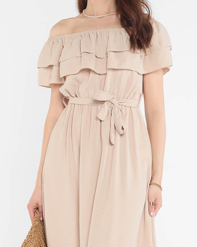 Beige ladies dress with frills - Clothing