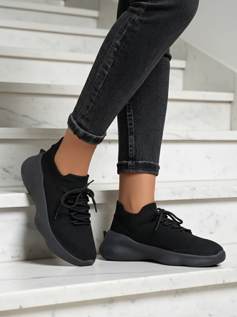 Women's Aura Nero Black Fabric Sneakers on a 4.5cm Flat Sole
