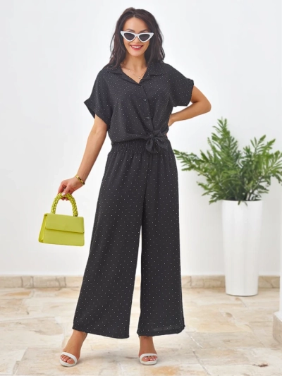 Royalfashion Women's set with a tied short-sleeve shirt and flared pants with rhinestones