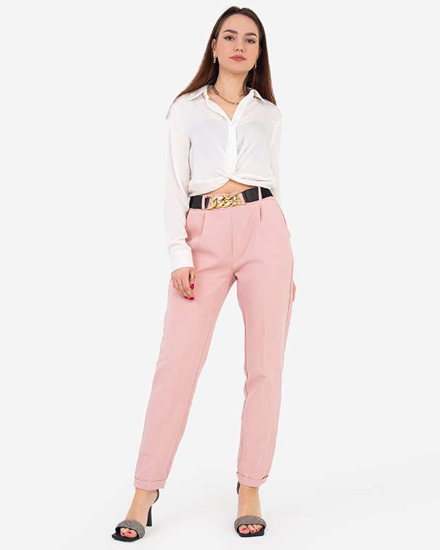 Pink women's fabric trousers with a belt - Clothing