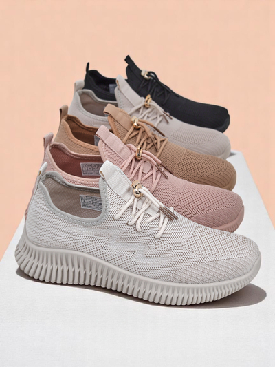 Aurelia Beige Royalfashion – Бежевые женские кроссовки из ткани на шнуровке