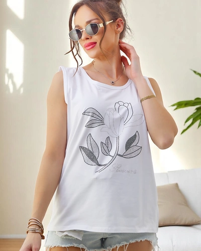 Royalfashion kokvilnas sieviešu topiņš ar rhinestones ZIEDI