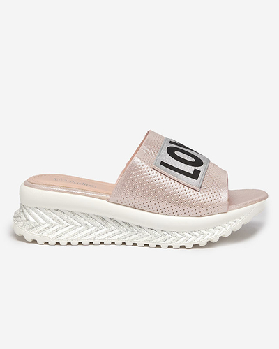 Pink shiny women's slippers with the words Sosha- Footwear