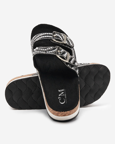 Women's slippers with cubic zirconia in black Lalud-Footwear
