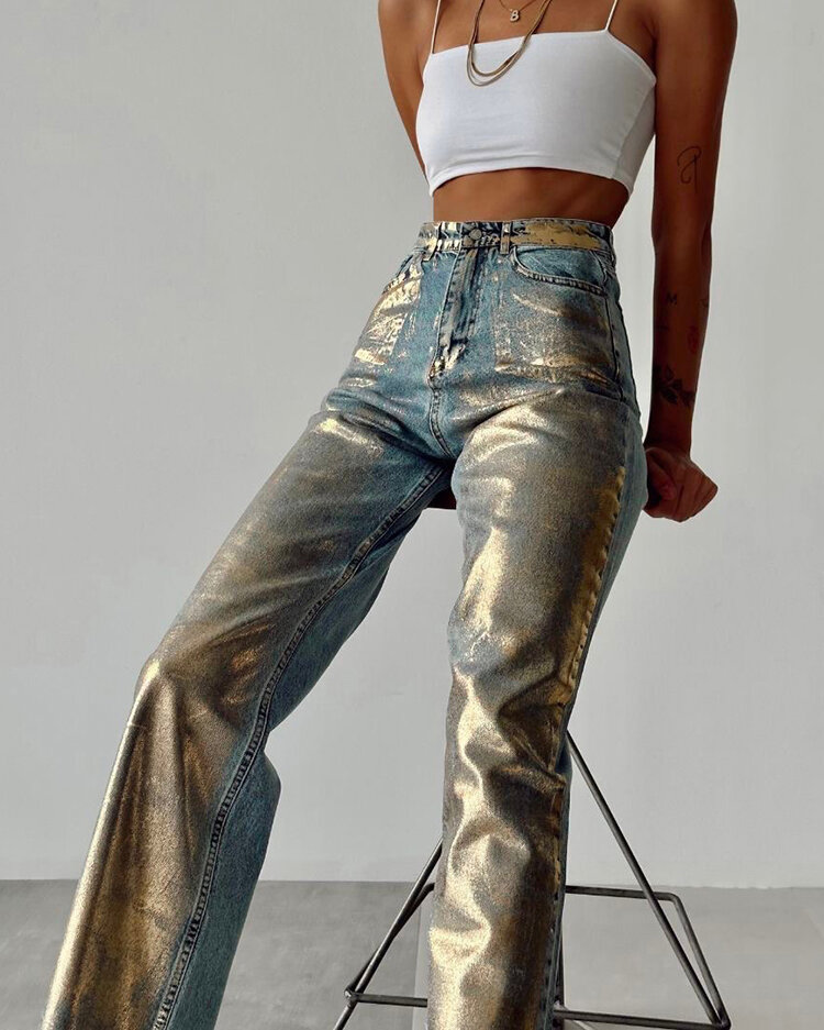 Royalfashion Women's wide jeans with gold glitter