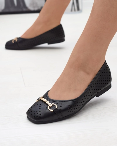 Black women's openwork ballerinas with gold ornament Serilla- Footwear