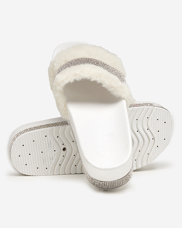 White women's slippers with fur and cubic zirconia Zerika - Footwear