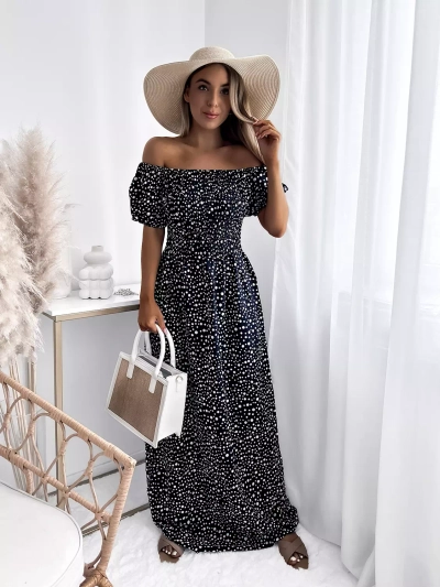 Темно-синее женское платье-макси в горошек- Одежда