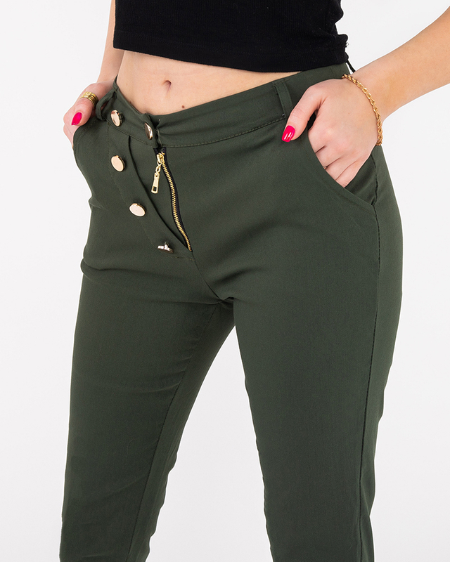 Women's green fabric pants with decorative buttons - Clothing