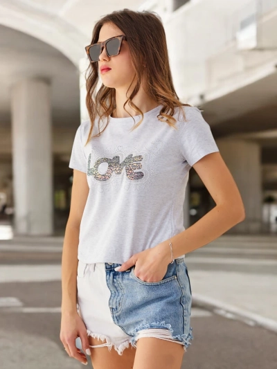 Royalfashion Women's Cotton T-shirt LOVE with rhinestones