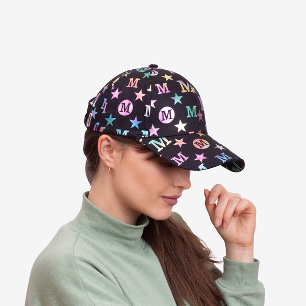 Women's black cap with a visor and multicolored letters - Accessories