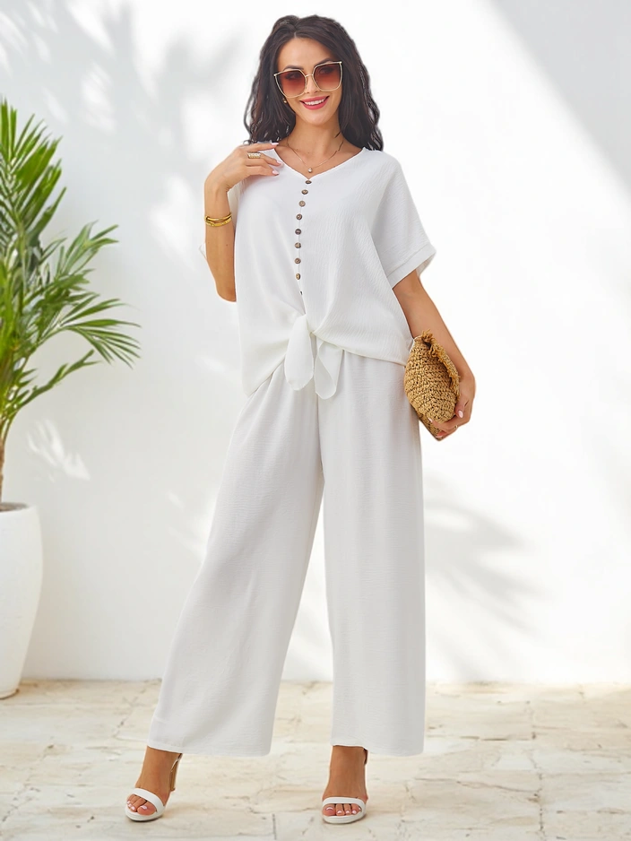 Женский casual комплект Royalfashion с блузкой с коротким рукавом и широкими брюками