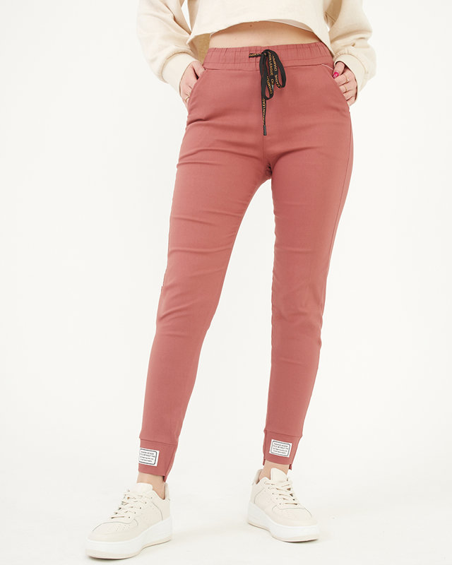 Women's coral fabric trousers with patches - Clothing