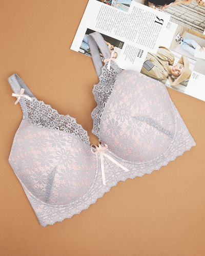 Розовый бюстгальтер с серым кружевом