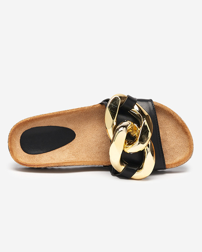 Ariadne Royalfashion summer flip-flops with a large gold chain, black leather
