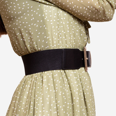 Black women's wide belt with large gold buckle with zircons - Accessories