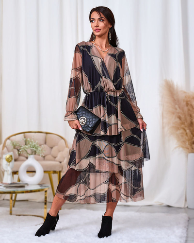 Royalfashion Melna un gaiši brūna tīklveida midi kleita ar apdruku