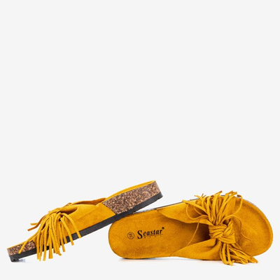 Women's mustard slippers with Amassa fringes - Footwear