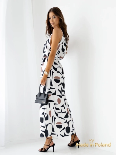 Royalfashion Women's midi dress with straps, with a belt in a geometric pattern