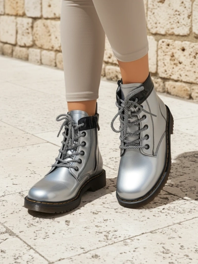 Women's Silver Celestina Eco Patent Leather Ankle Boots with Zipper