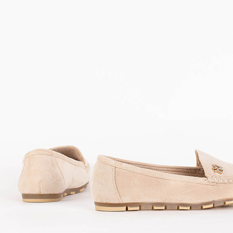 Beige women's eco-suede loafers with Pixila decoration - Footwear
